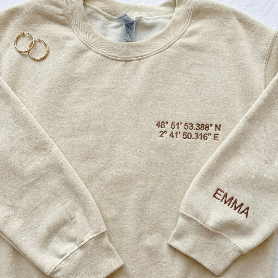 Personalized Embroidered Location Coordinates Sweatshirt