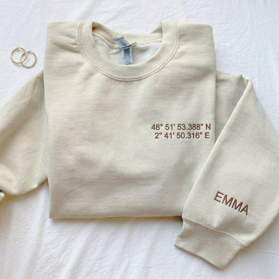 Personalized Embroidered Location Coordinates Sweatshirt