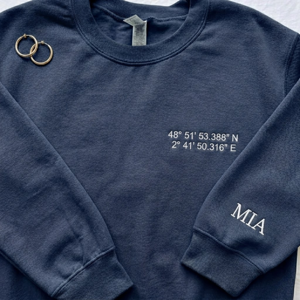 Personalized Embroidered Location Coordinates Sweatshirt