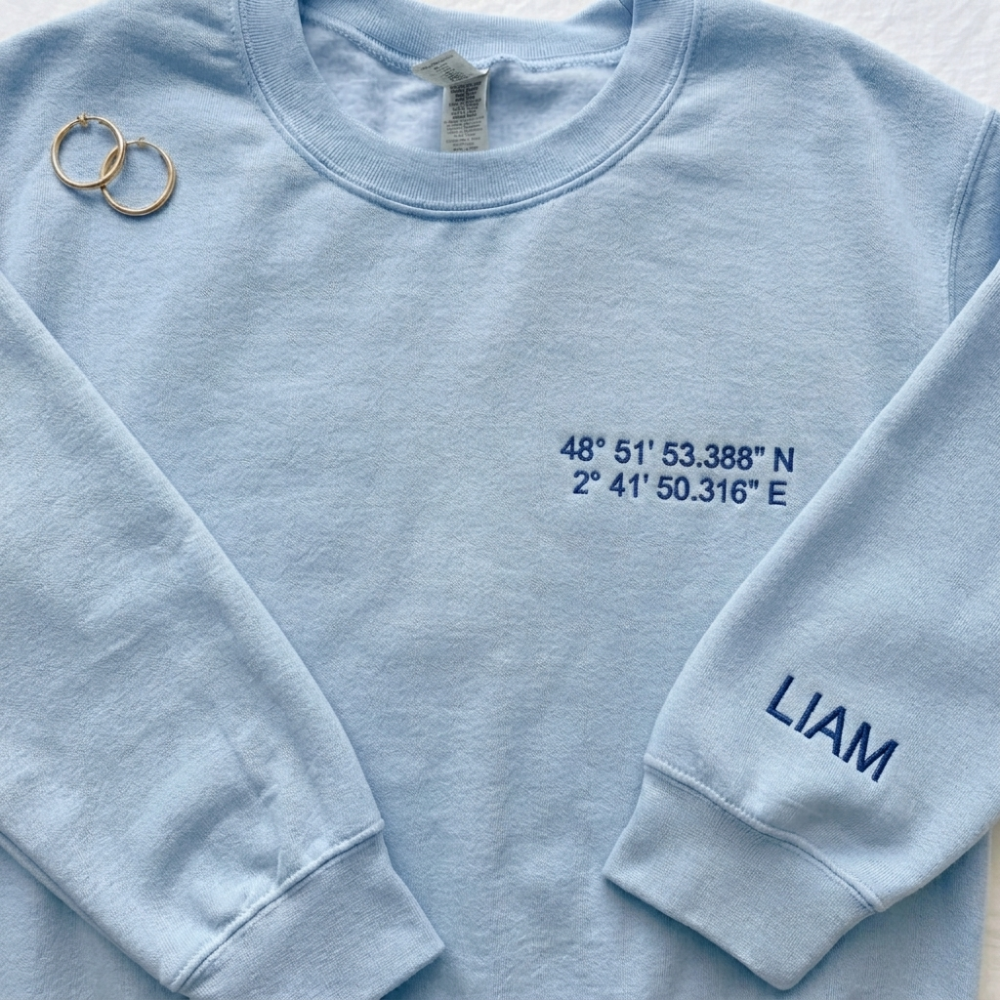 Personalized Embroidered Location Coordinates Sweatshirt