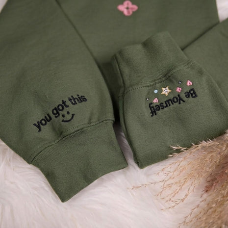 Embroidered Heart Sweatshirt, Keep Yourselft & You Got This Sleeves
