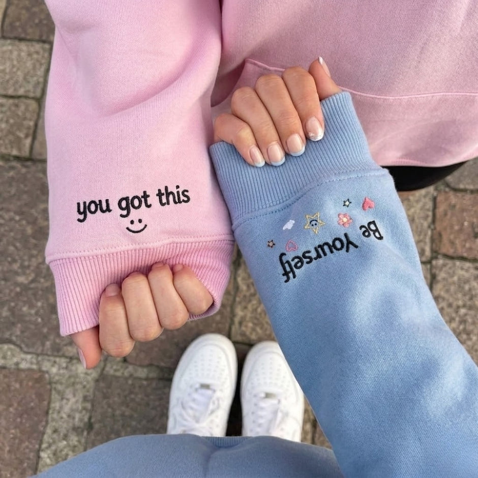 Embroidered Heart Sweatshirt, Keep Yourselft & You Got This Sleeves