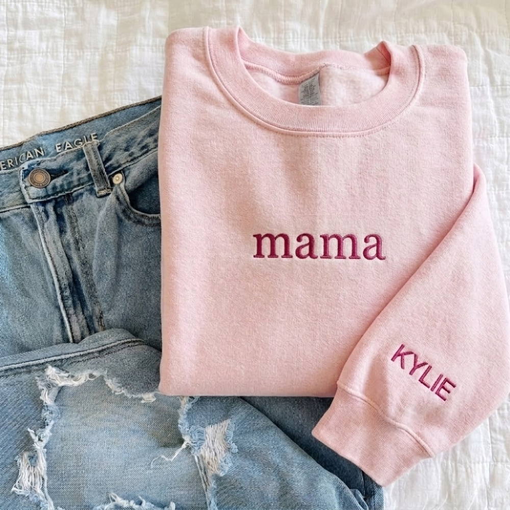 Personalized Embroidered Mama With Kid Name On Sleeve Sweatshirt