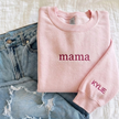 Personalized Embroidered Mama With Kid Name On Sleeve Sweatshirt