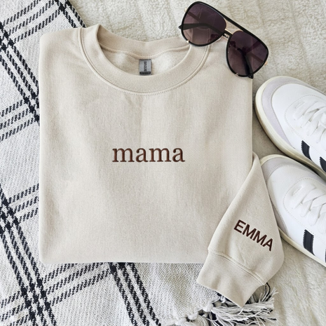 Personalized Embroidered Mama With Kid Name On Sleeve Sweatshirt