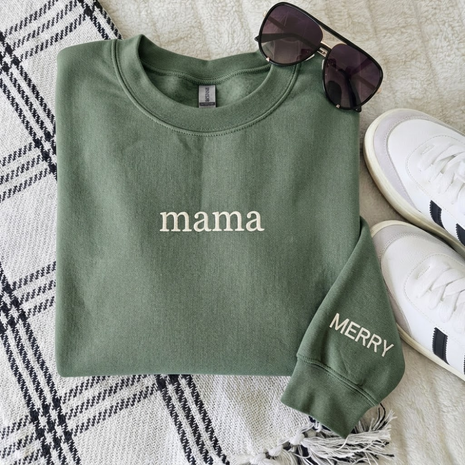 Personalized Embroidered Mama With Kid Name On Sleeve Sweatshirt