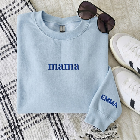 Personalized Embroidered Mama With Kid Name On Sleeve Sweatshirt