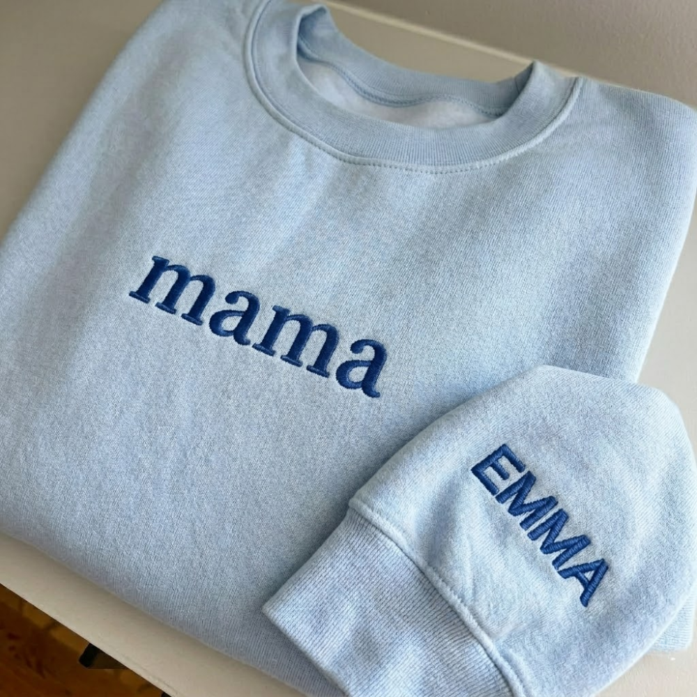 Personalized Embroidered Mama With Kid Name On Sleeve Sweatshirt