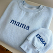 Personalized Embroidered Mama With Kid Name On Sleeve Sweatshirt