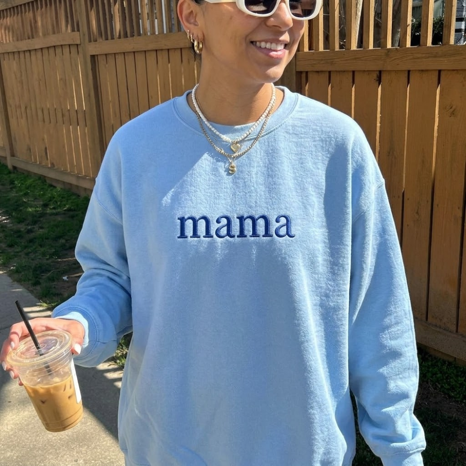 Personalized Embroidered Mama With Kid Name On Sleeve Sweatshirt