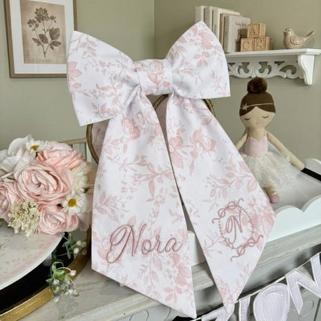 Personalized Blue Toile Baby Bow Sash Photo Prop