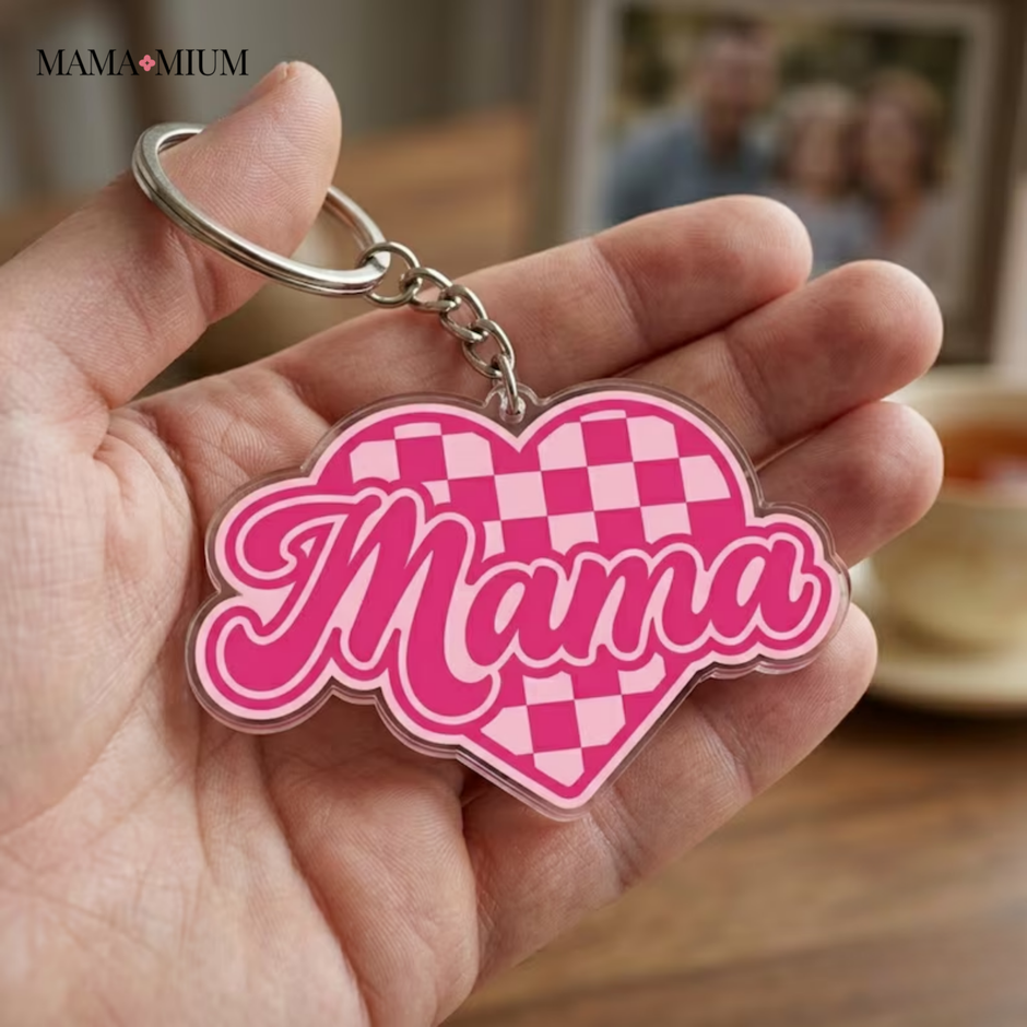 Pink Checkered Mama Heart Keychain