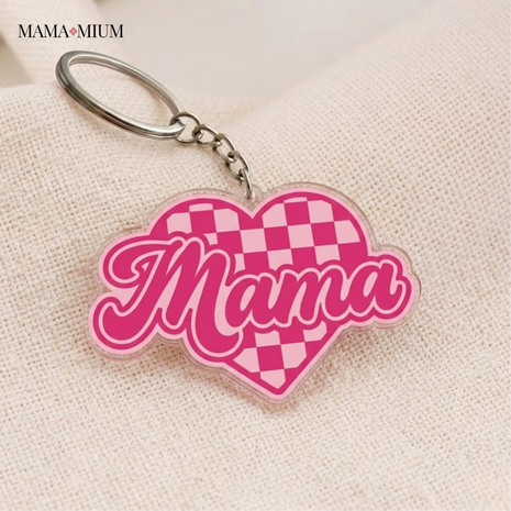 Pink Checkered Mama Heart Keychain