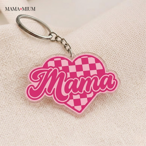 Pink Checkered Mama Heart Keychain