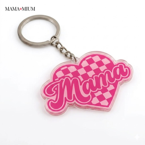 Pink Checkered Mama Heart Keychain