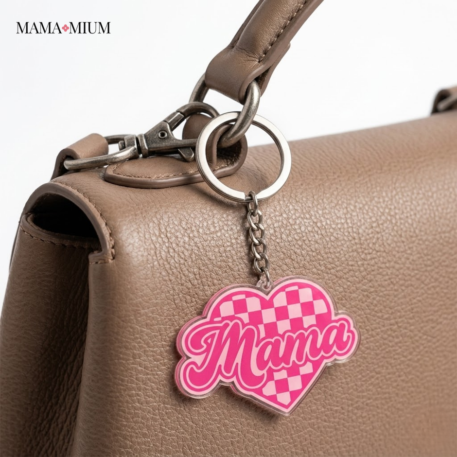 Pink Checkered Mama Heart Keychain