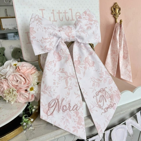 Personalized Blue Toile Baby Bow Sash Photo Prop