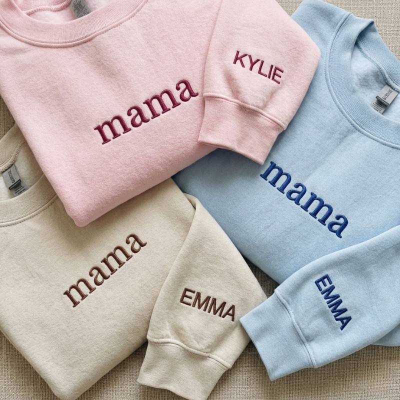 Personalized Embroidered Mama With Kid Name On Sleeve Sweatshirt