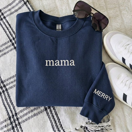 Personalized Embroidered Mama With Kid Name On Sleeve Sweatshirt