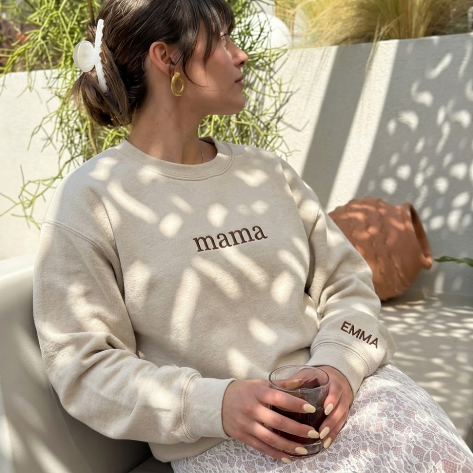 Personalized Embroidered Mama With Kid Name On Sleeve Sweatshirt
