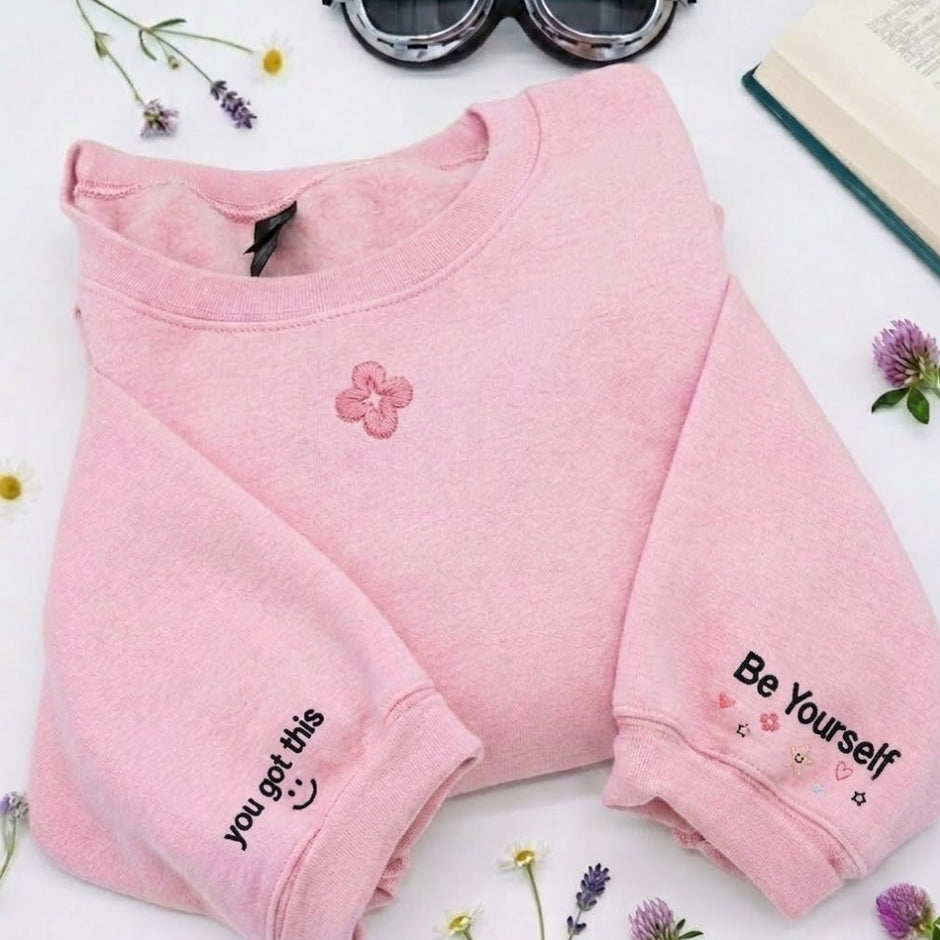Embroidered Heart Sweatshirt, Keep Yourselft & You Got This Sleeves