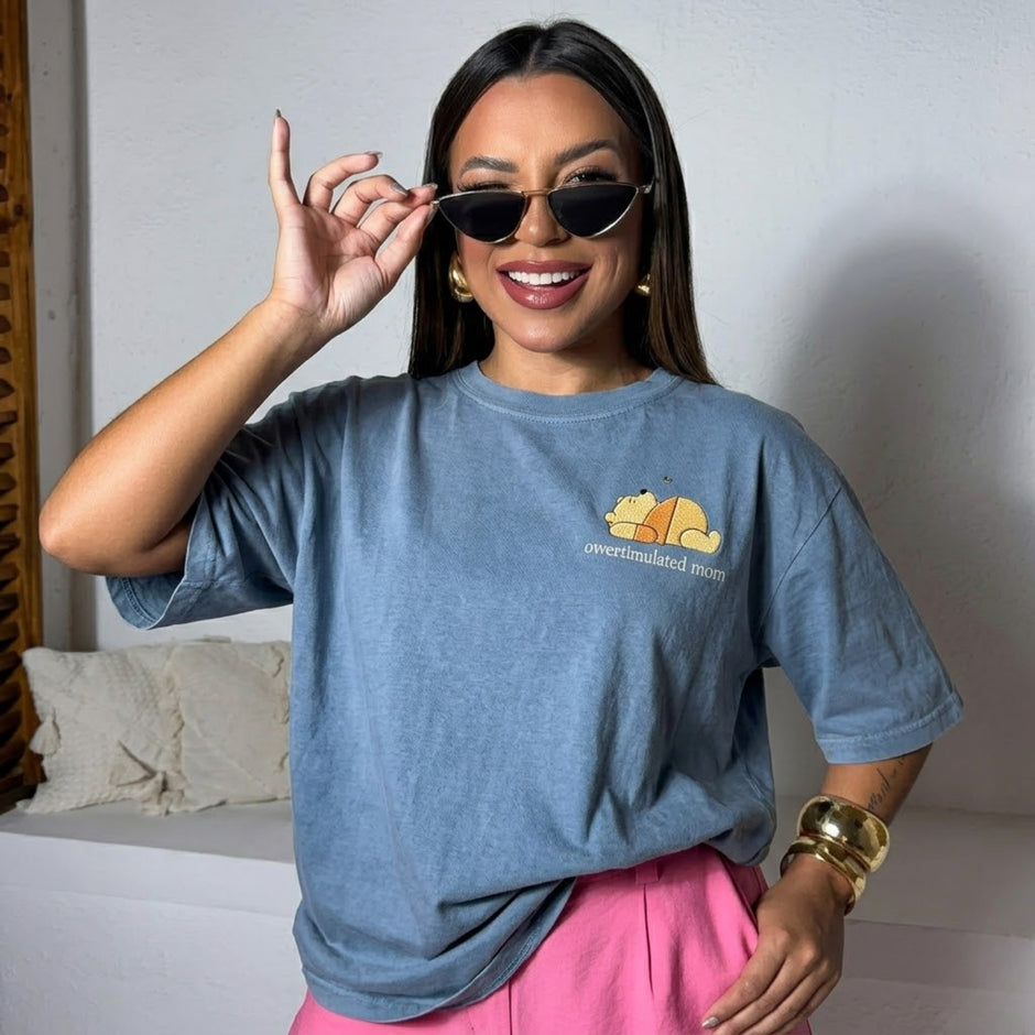 Embroidered Overstimulated Bear Mom T-shirt